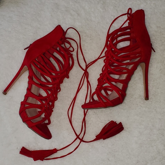 Red ShoeDazzle 5" Lace Up Heels - Picture 2 of 4
